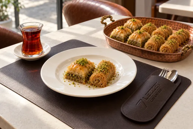 Bakır tepside baklava ve burma kadayıf; porselen tabakta tatlı sunumu, çay ve 7 Lezzet baskılı deri çatal bıçak kılıfı.