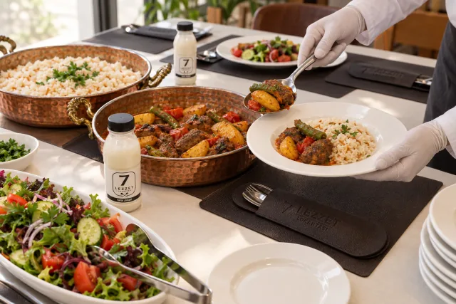 7 Lezzet Catering için kurumsal öğle yemeği sunumu: pilav, İzmir köfte, salata, markalı ayran ve deri masa takımları.