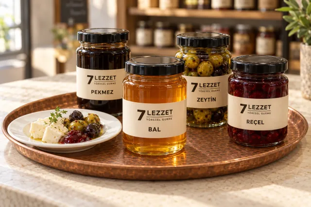 7 Lezzet etiketli bal, pekmez, zeytin ve reçel kavanozları; yanında tadım için peynir ve zeytin tabağı.